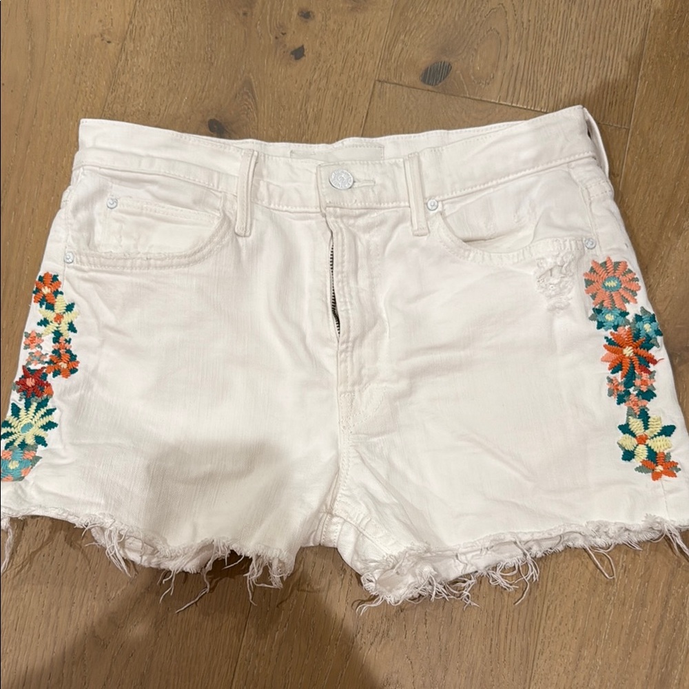 MOTHER White Jean Shorts with Floral Embroidery